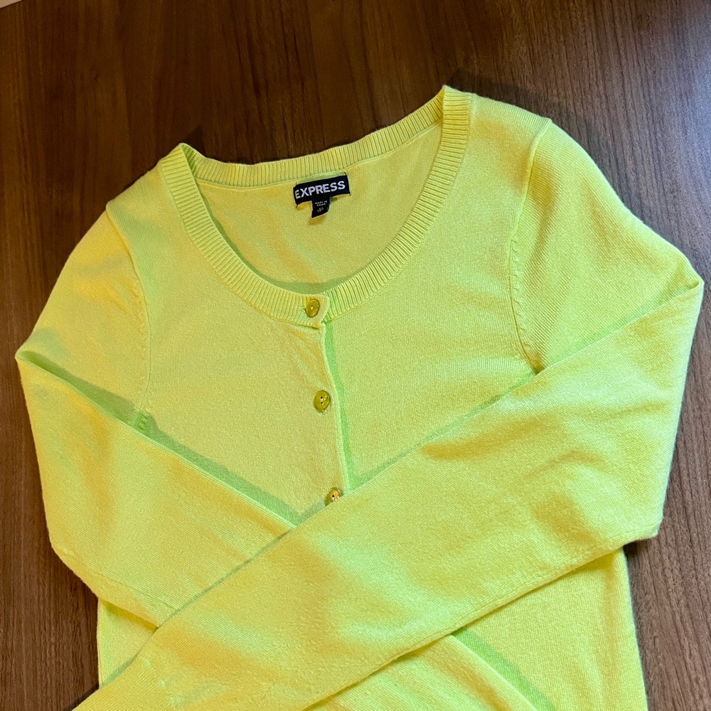 Bright Neon Chartreuse Yellow Long Sleeve Button Down Cardigan Sweater Size XS